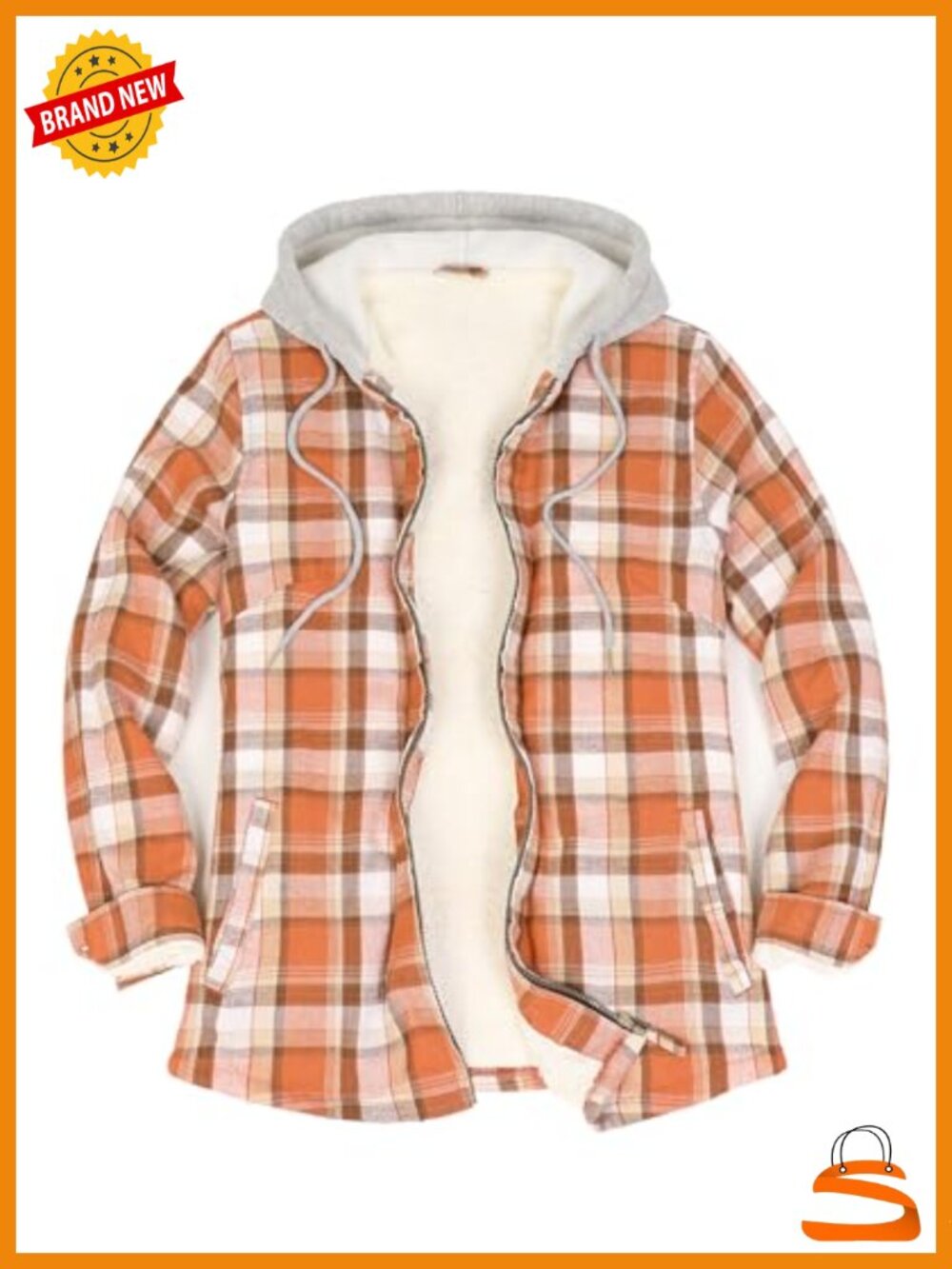 Sherpa Lined Plaid Flannel Hooded Shirt Jacket Zip Up Shacket